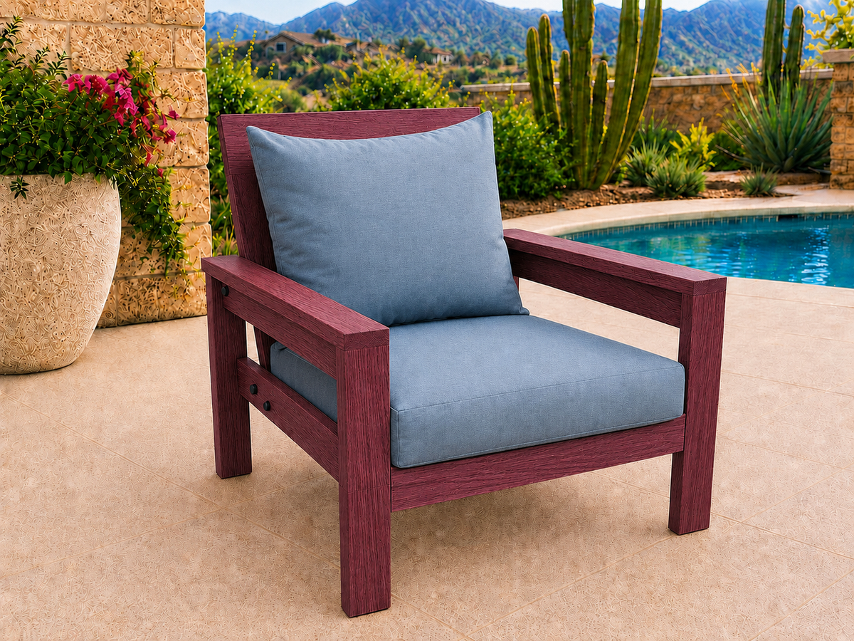 Classic Chair in Purpleheart with UV Satin Clear finish and blue cushions on a desert patio.