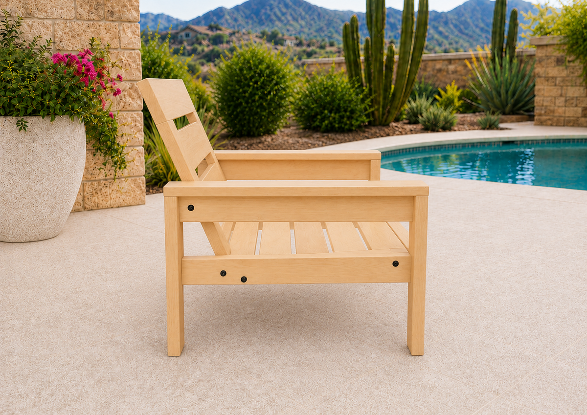 Side view of the Classic Chair showing its gently reclined solid-hardwood frame.