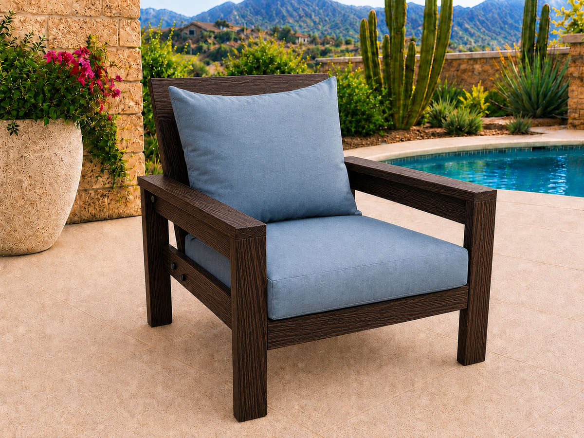 Classic Chair in Wenge with Satin Clear finish and blue cushions on a desert patio.