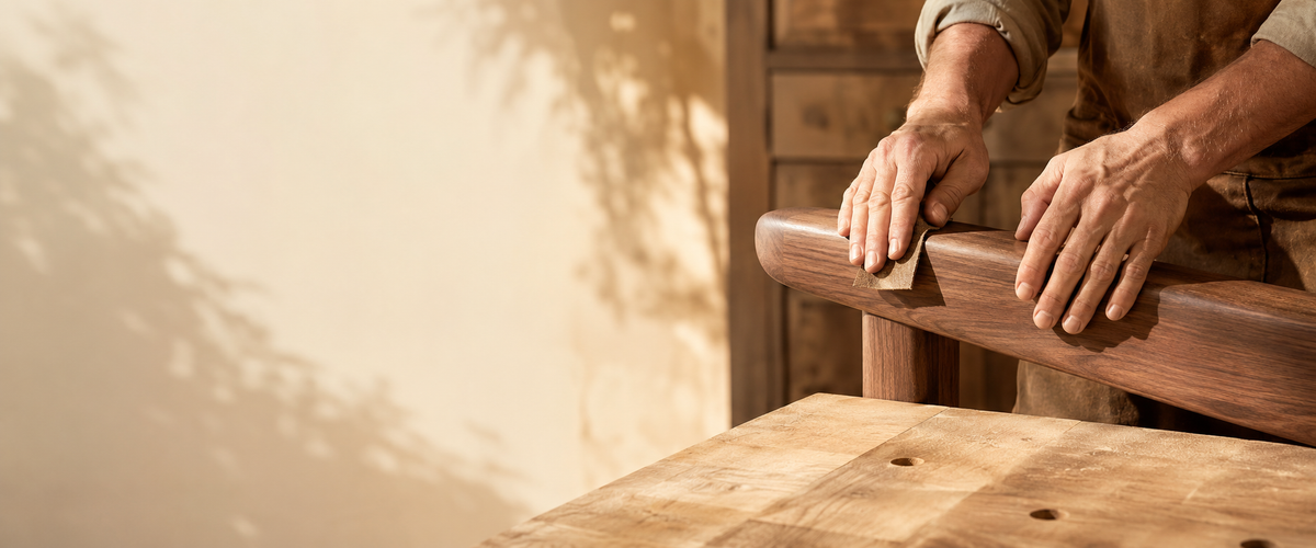 Craftsman hand-sanding a substantial hardwood furniture component