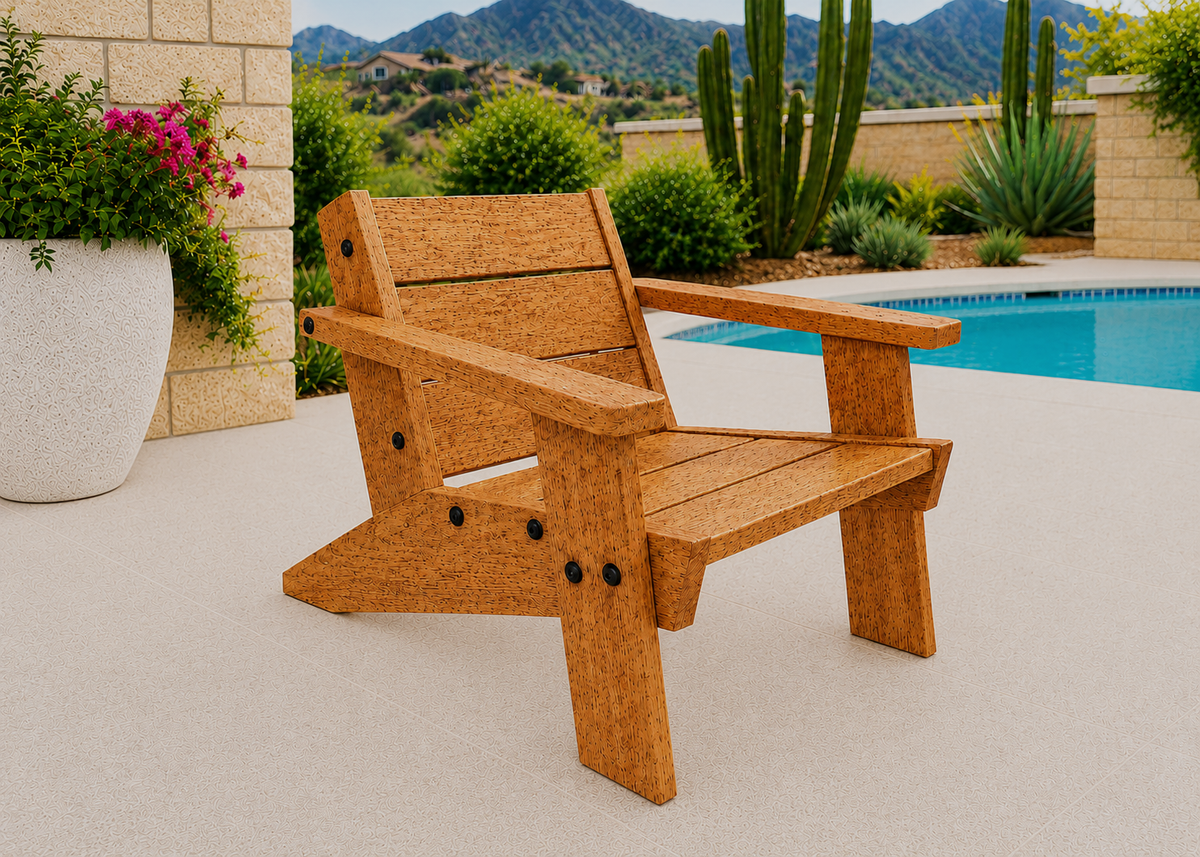 Low Boy Adirondack Chair in Leopardwood with Satin Clear finish and black hardware