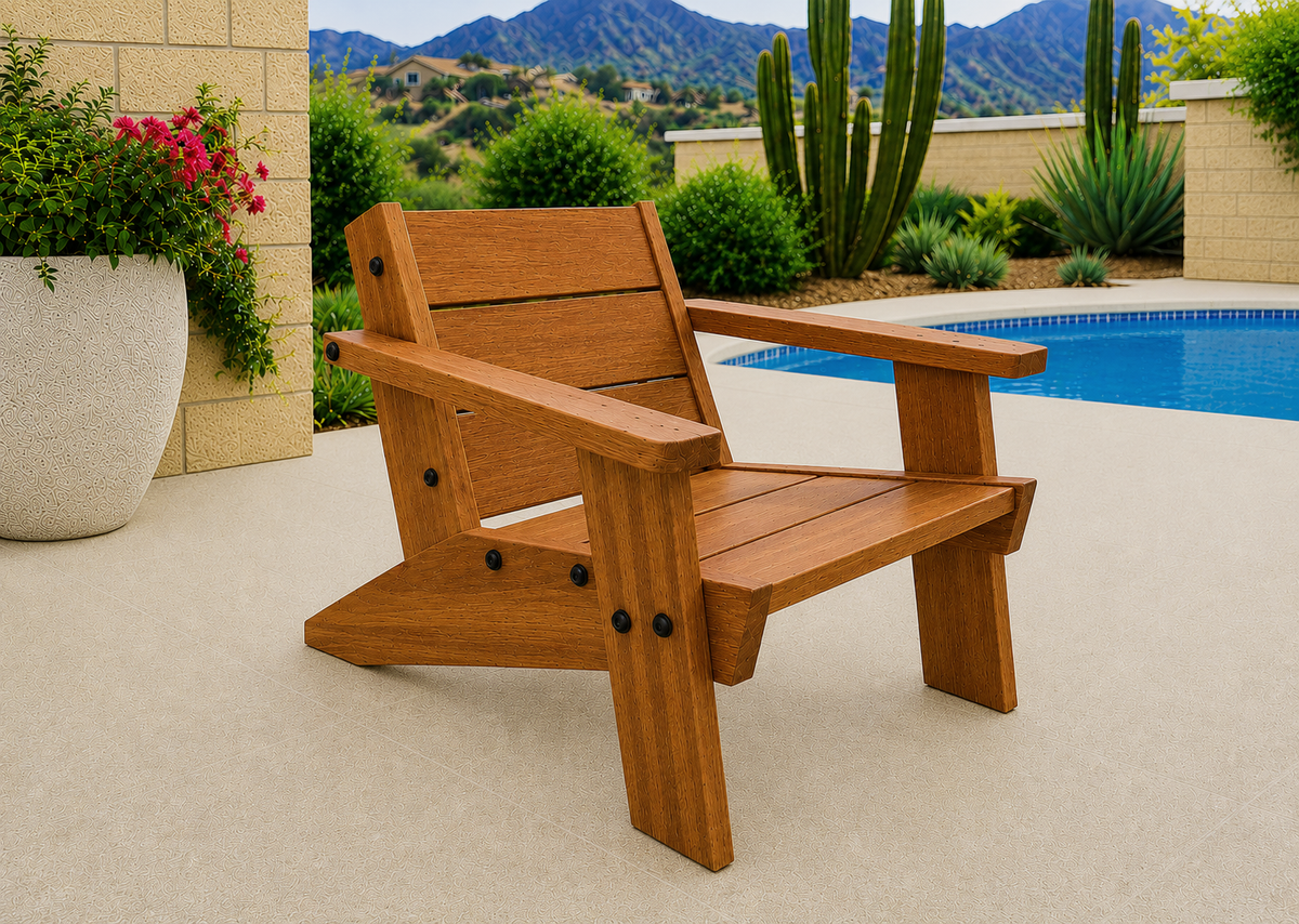 Low Boy Adirondack Chair in Sapele Ribbon with Satin Oil finish and black hardware