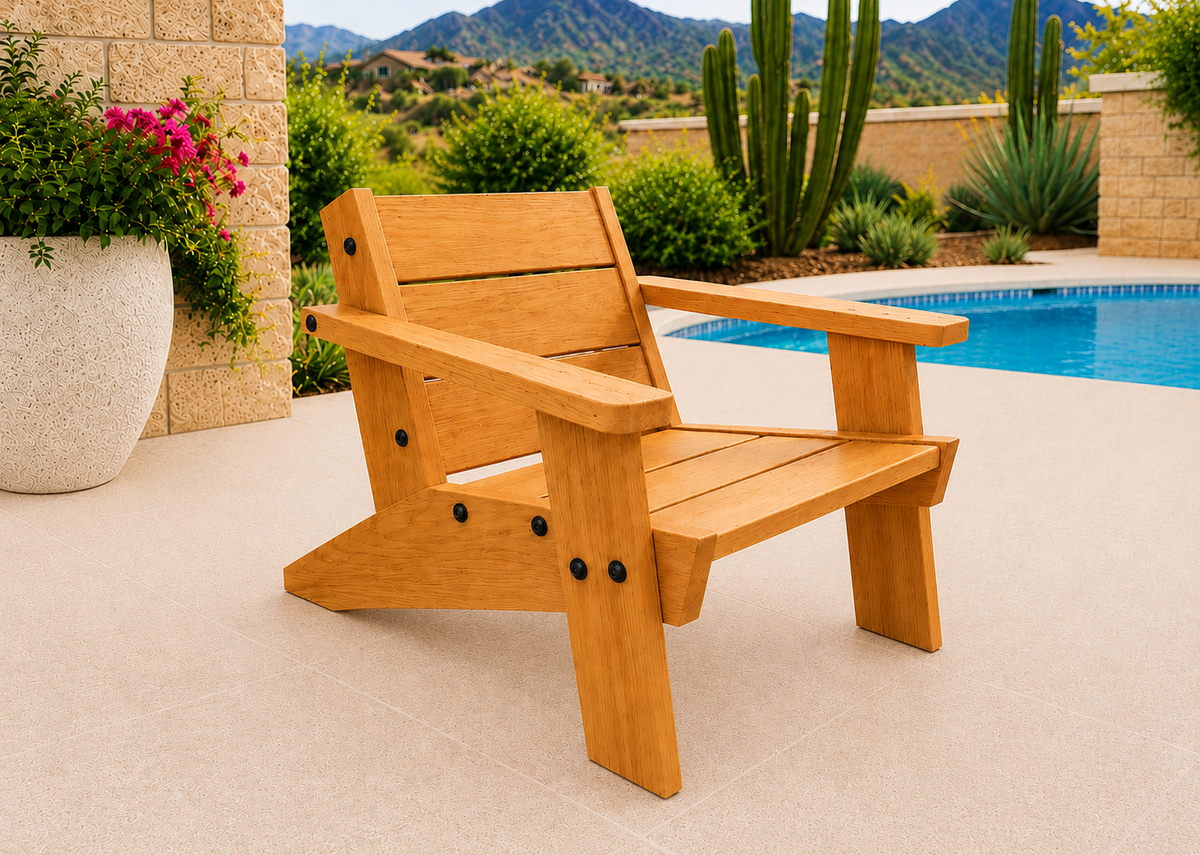 Low Boy Adirondack Chair in Teak with Satin Clear finish and black hardware