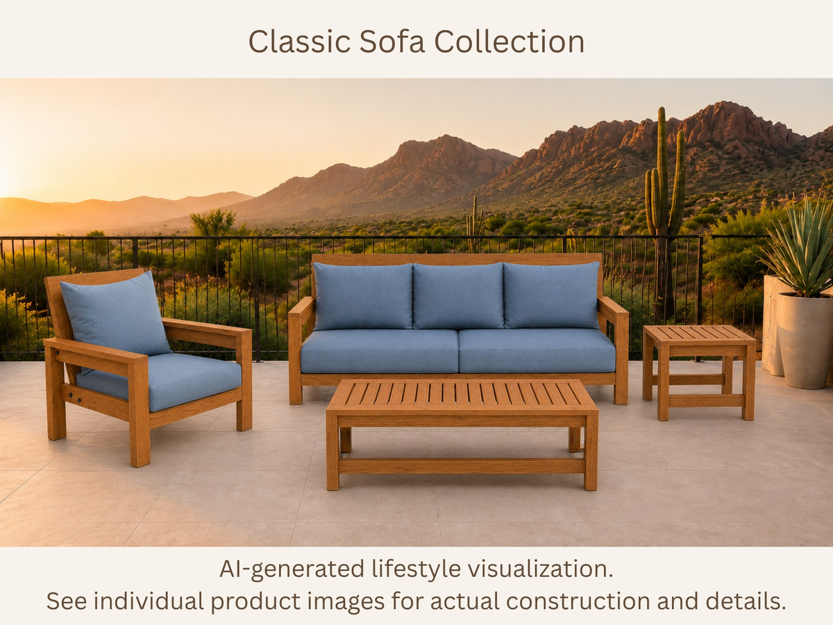 Classic Sofa Collection with blue cushions, a chair, 54-inch coffee table and end table on a desert patio.