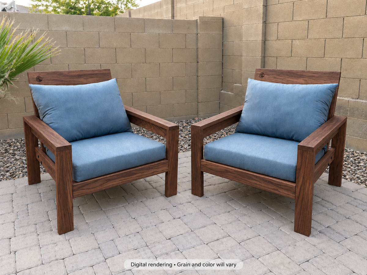 Digital rendering: Classic Chair Pair in Black Walnut / matte oil. Actual grain and color will vary. Blue cushions sold separately.