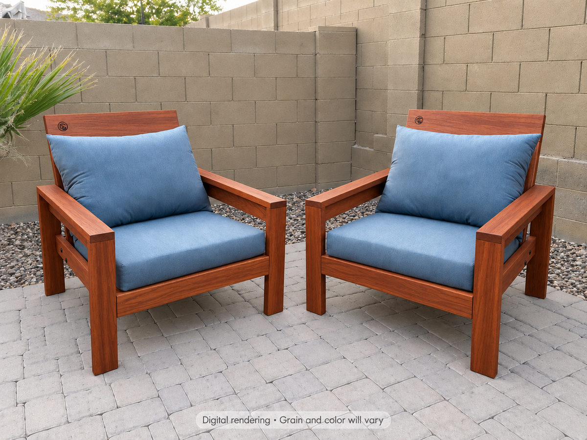 Digital rendering: Classic Chair Pair in Genuine Mahogany / natural satin. Actual grain and color will vary. Blue cushions sold separately.