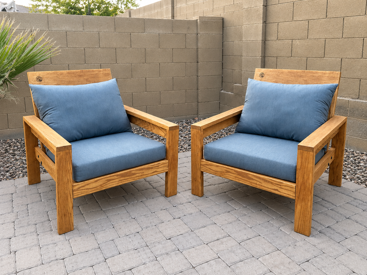 Classic Chair Pair in Red Oak with Canyon Honey finish, shown with blue cushions sold separately. Photo-based composite.