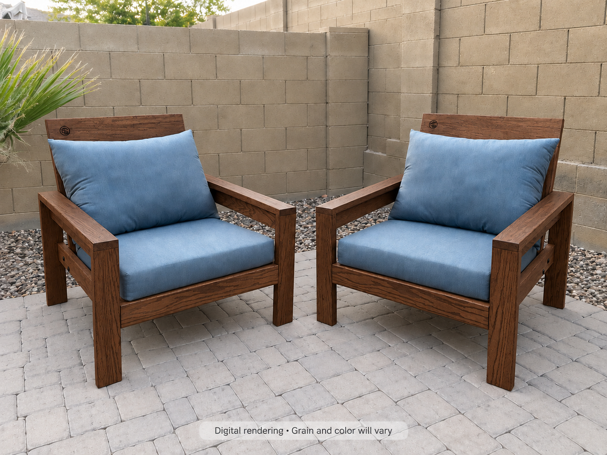 Digital rendering: Classic Chair Pair in Red Oak / walnut reserve. Actual grain and color will vary. Blue cushions sold separately.