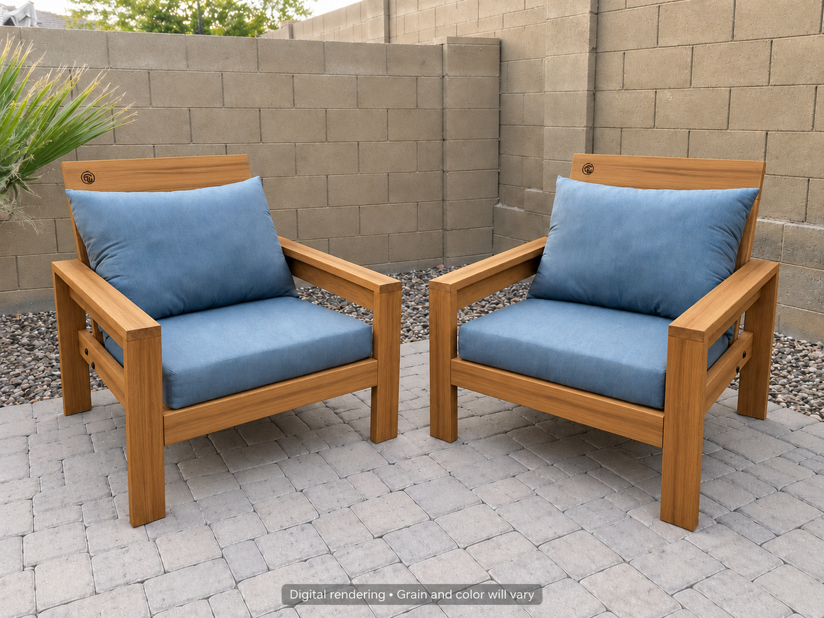Digital rendering: Classic Chair Pair in Teak / natural teak oil. Actual grain and color will vary. Blue cushions sold separately.