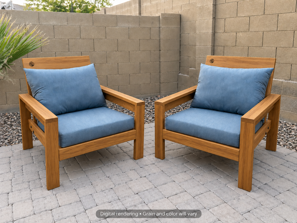 Digital rendering: Classic Chair Pair in Teak / satin clear. Actual grain and color will vary. Blue cushions sold separately.