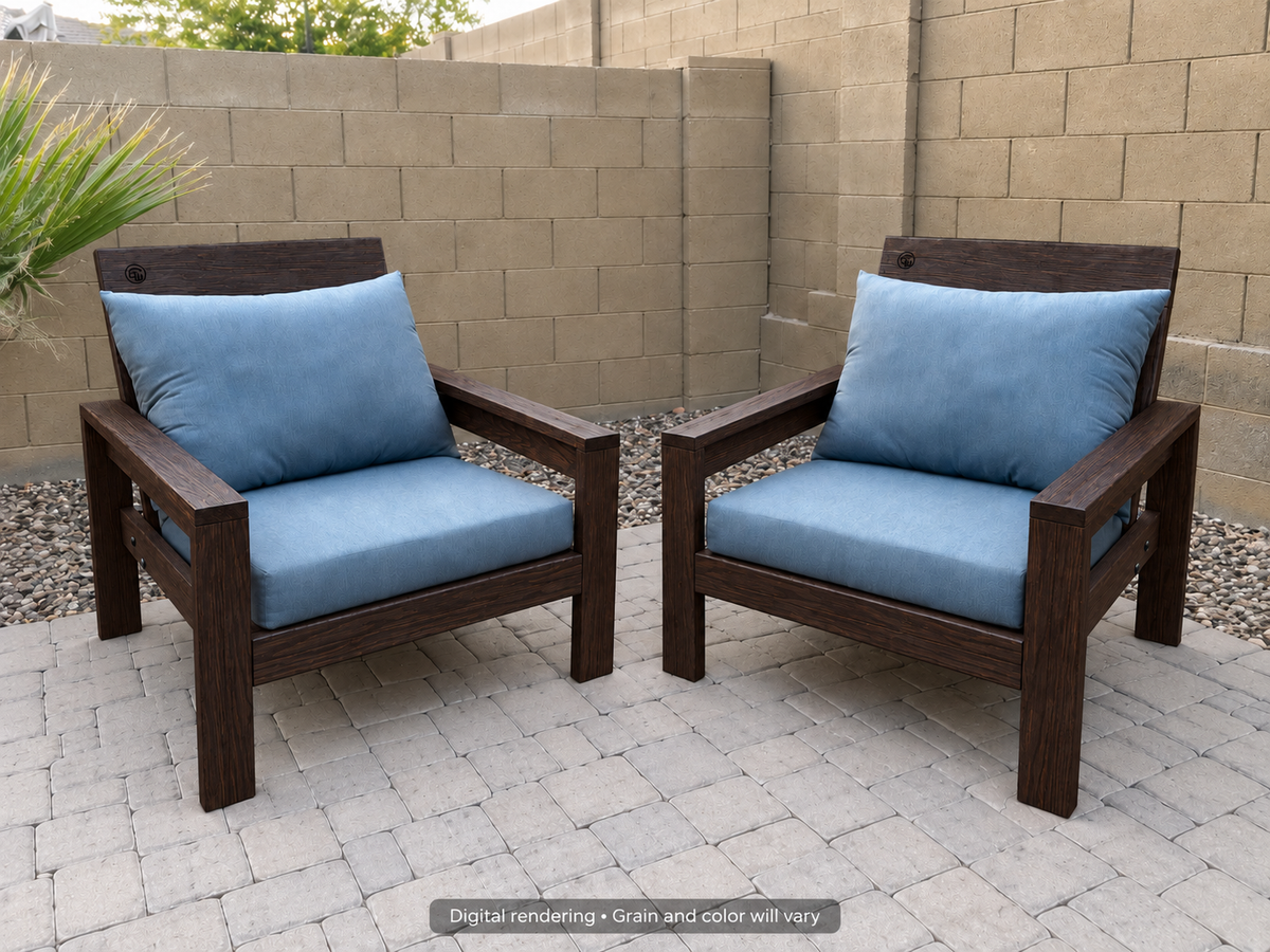 Digital rendering: Classic Chair Pair in Wenge / satin clear. Actual grain and color will vary. Blue cushions sold separately.