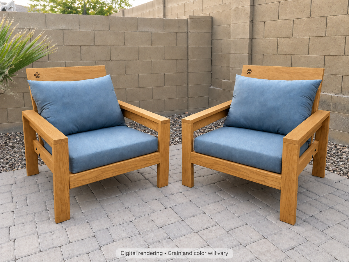 Digital rendering: Classic Chair Pair in White Oak / canyon honey. Actual grain and color will vary. Blue cushions sold separately.