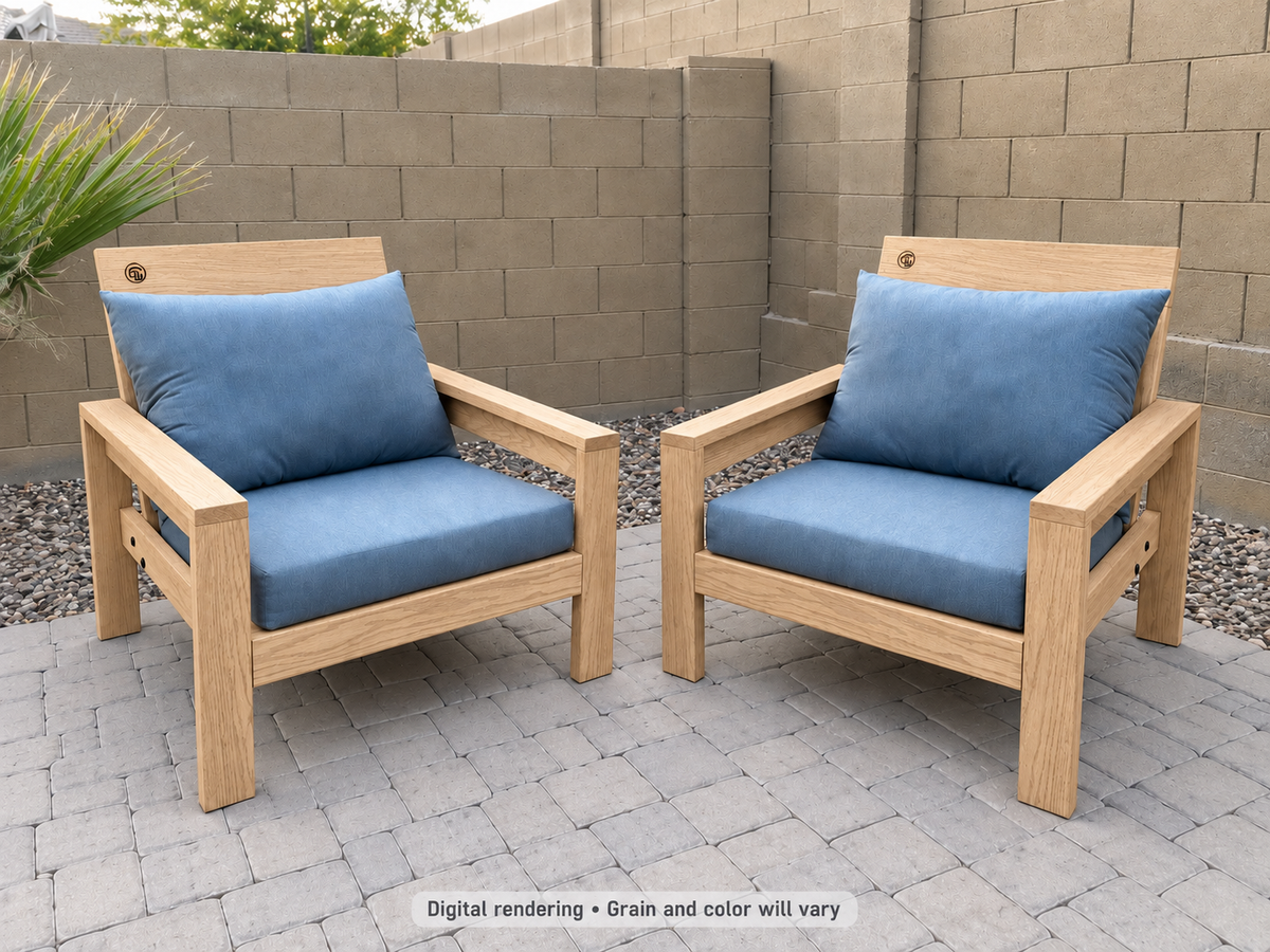 Digital rendering: Classic Chair Pair in White Oak / natural satin. Actual grain and color will vary. Blue cushions sold separately.