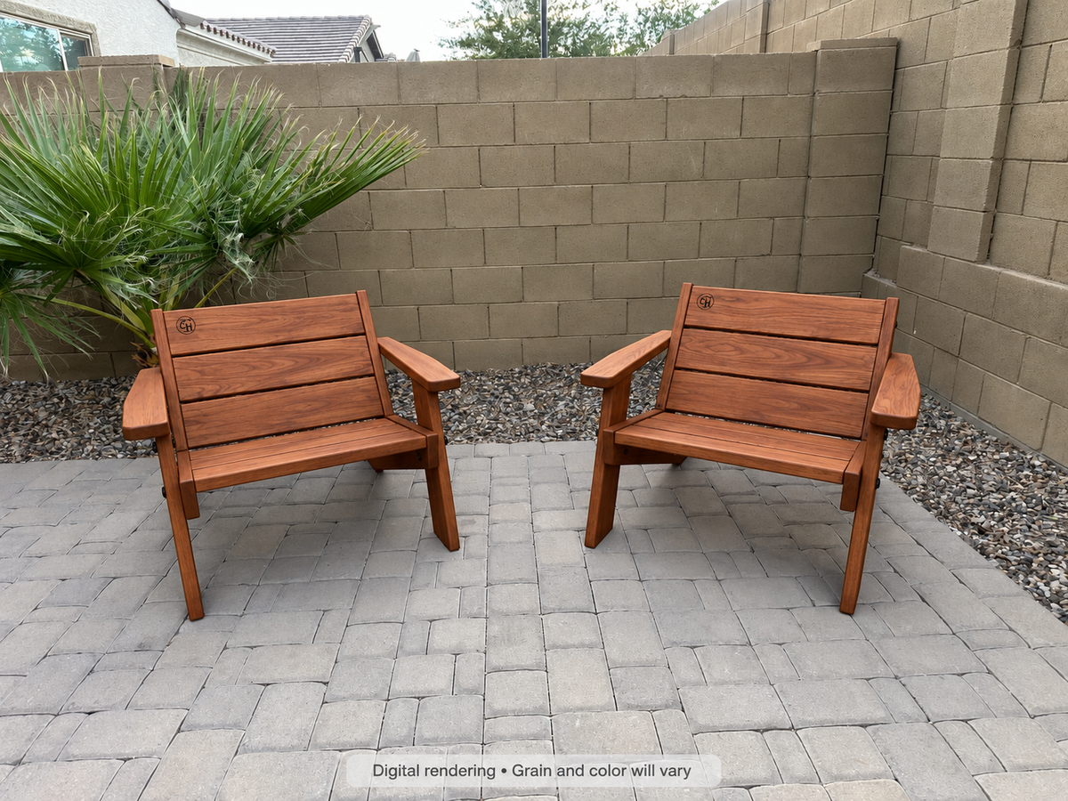 Digital rendering: Low Boy Adirondack Chair Pair in African Mahogany / satin oil. Actual grain and color will vary.