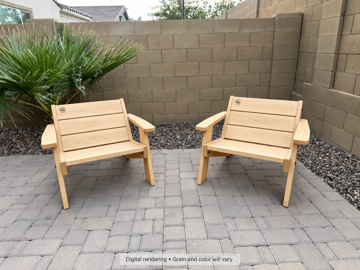 Digital rendering: Low Boy Adirondack Chair Pair in Hard White Maple / ultra light honey. Actual grain and color will vary.