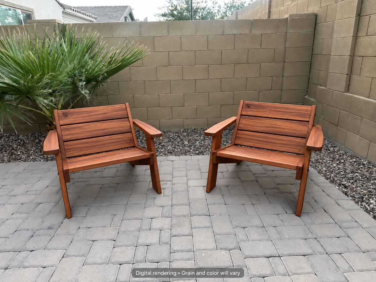 Digital rendering: Low Boy Adirondack Chair Pair in Sapele Ribbon / satin oil. Actual grain and color will vary.