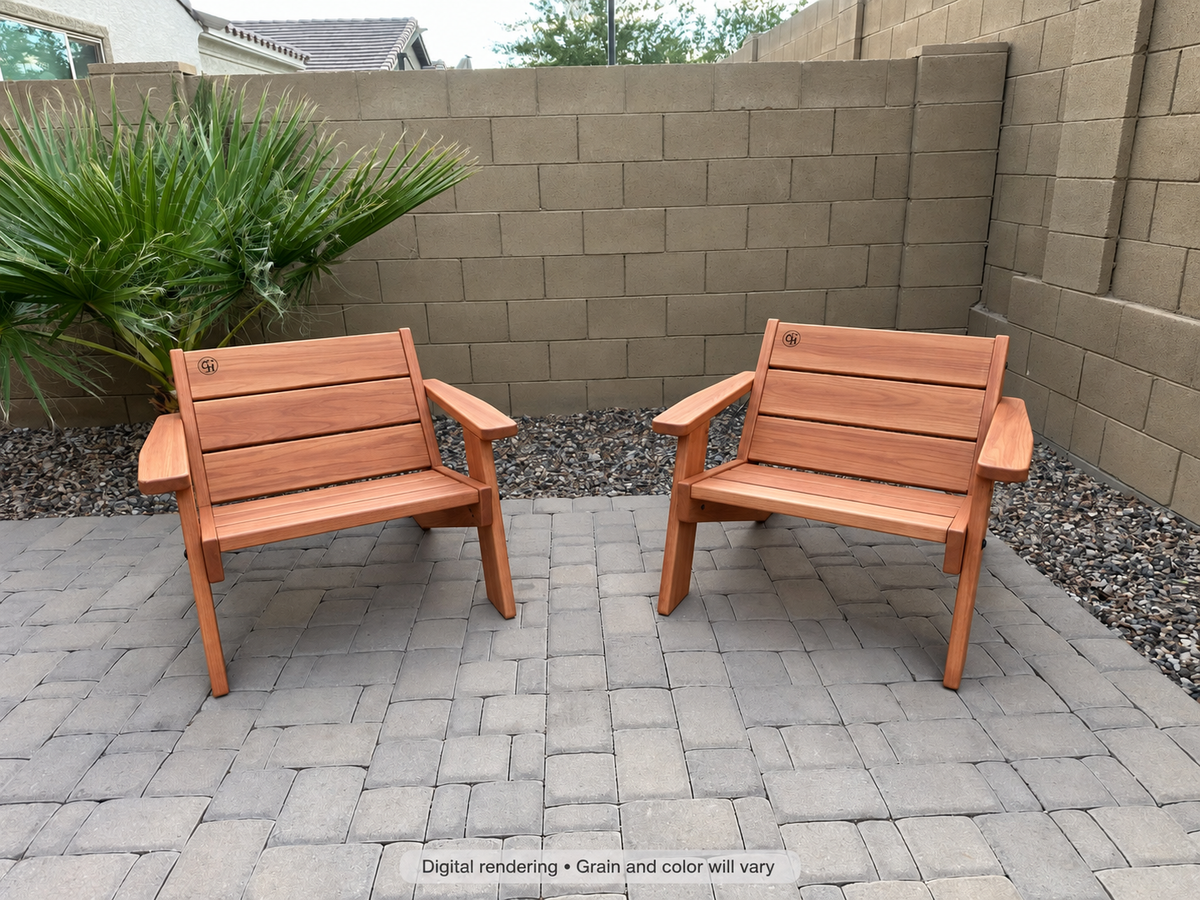Digital rendering: Low Boy Adirondack Chair Pair in Spanish Cedar / natural satin. Actual grain and color will vary.