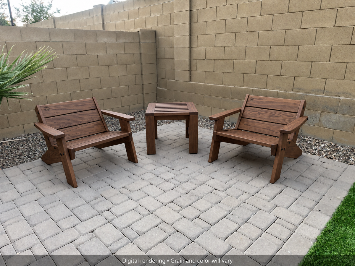 Digital rendering: Low Boy Adirondack Chair Pair with End Table in Black Walnut / natural satin. Actual grain and color will vary.