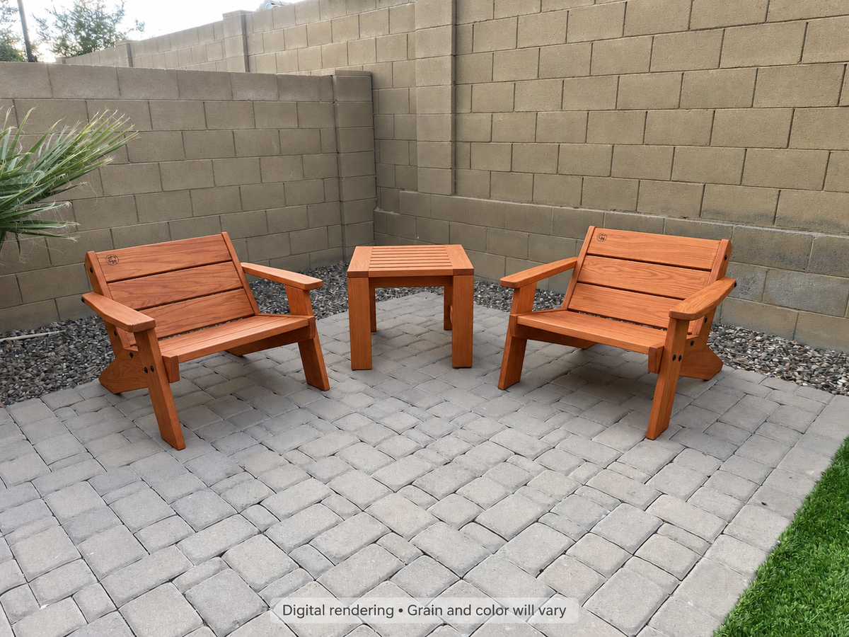 Digital rendering: Low Boy Adirondack Chair Pair with End Table in Cherry / natural satin. Actual grain and color will vary.