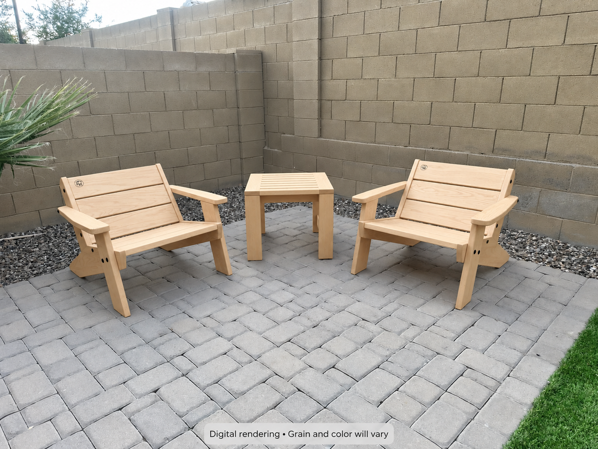 Digital rendering: Low Boy Adirondack Chair Pair with End Table in Hard White Maple / natural satin. Actual grain and color will vary.