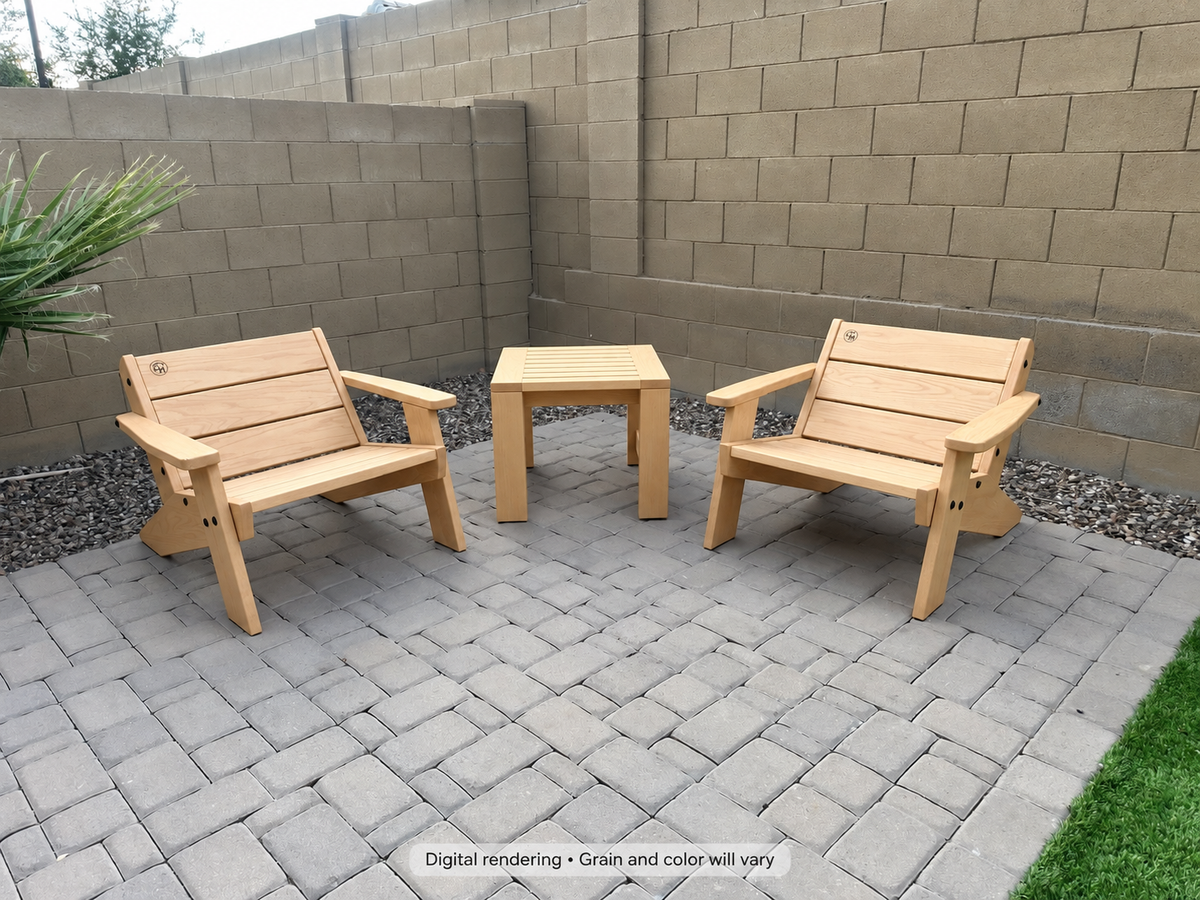 Digital rendering: Low Boy Adirondack Chair Pair with End Table in Hard White Maple / ultra light honey. Actual grain and color will vary.