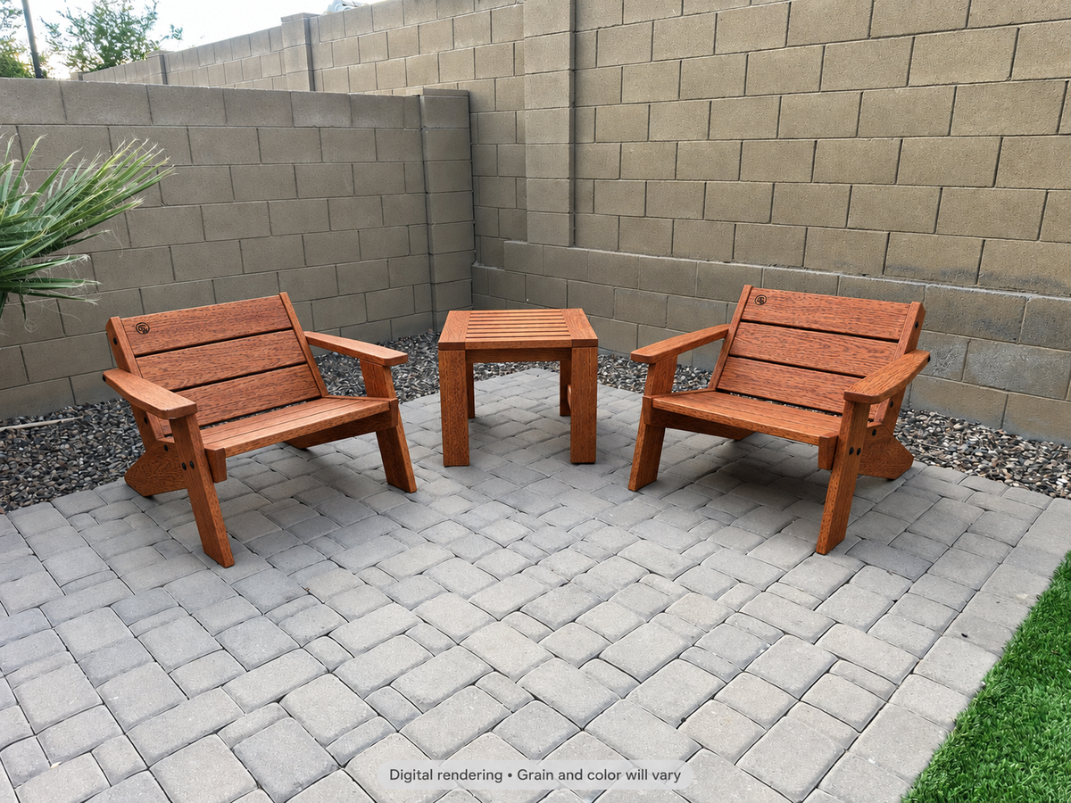 Digital rendering: Low Boy Adirondack Chair Pair with End Table in Leopardwood / satin clear. Actual grain and color will vary.