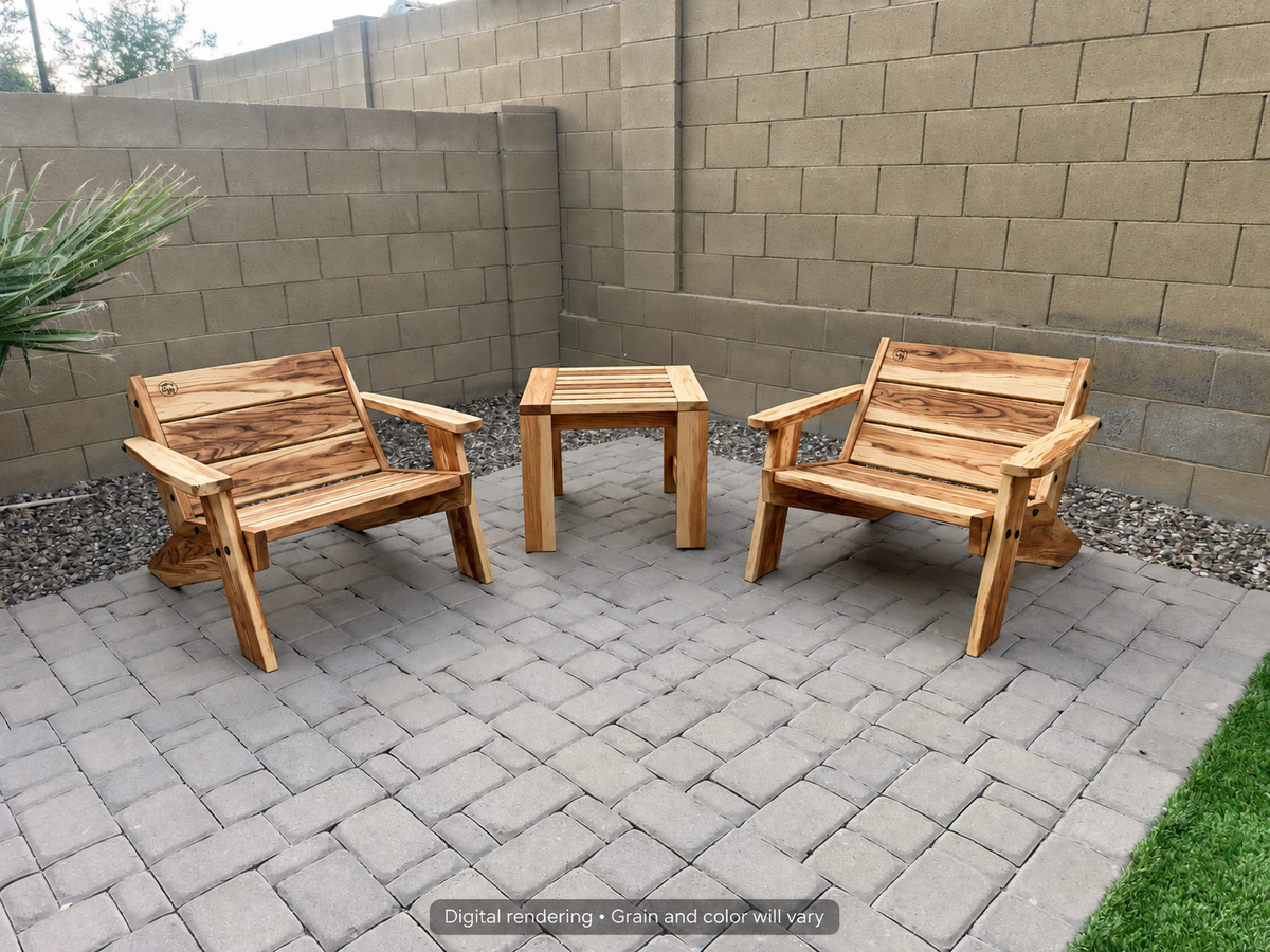 Digital rendering: Low Boy Adirondack Chair Pair with End Table in Natural Hickory / natural satin. Actual grain and color will vary.