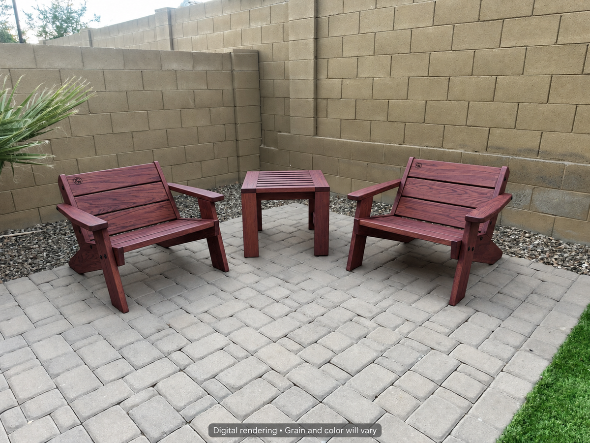 Digital rendering: Low Boy Adirondack Chair Pair with End Table in Purpleheart / uv satin clear. Actual grain and color will vary.