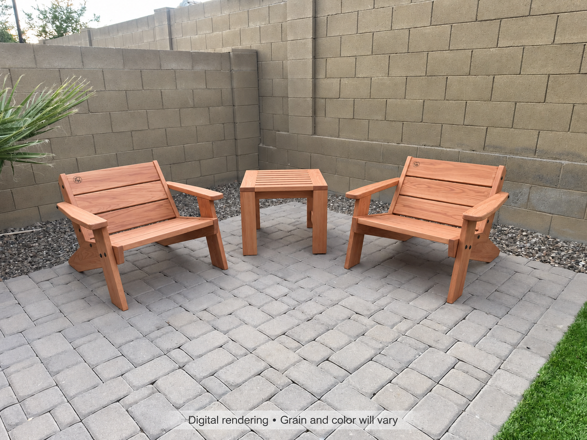 Digital rendering: Low Boy Adirondack Chair Pair with End Table in Spanish Cedar / natural satin. Actual grain and color will vary.