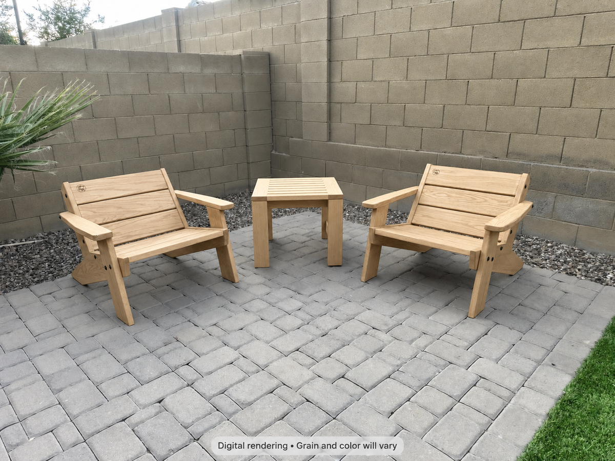 Digital rendering: Low Boy Adirondack Chair Pair with End Table in White Oak / natural satin. Actual grain and color will vary.