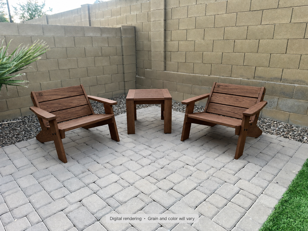 Digital rendering: Low Boy Adirondack Chair Pair with End Table in White Oak / walnut reserve. Actual grain and color will vary.