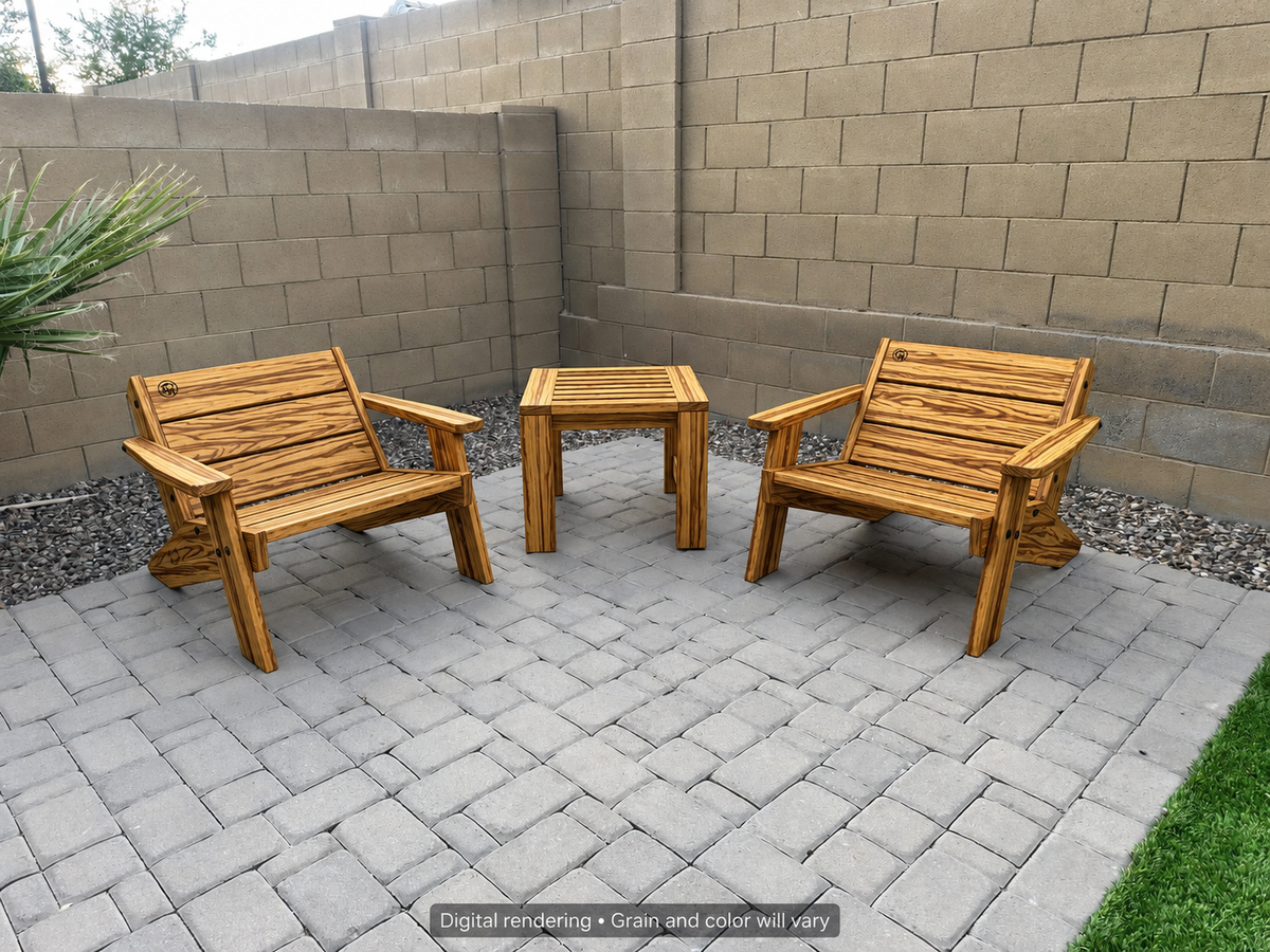Digital rendering: Low Boy Adirondack Chair Pair with End Table in Zebrawood / satin clear. Actual grain and color will vary.