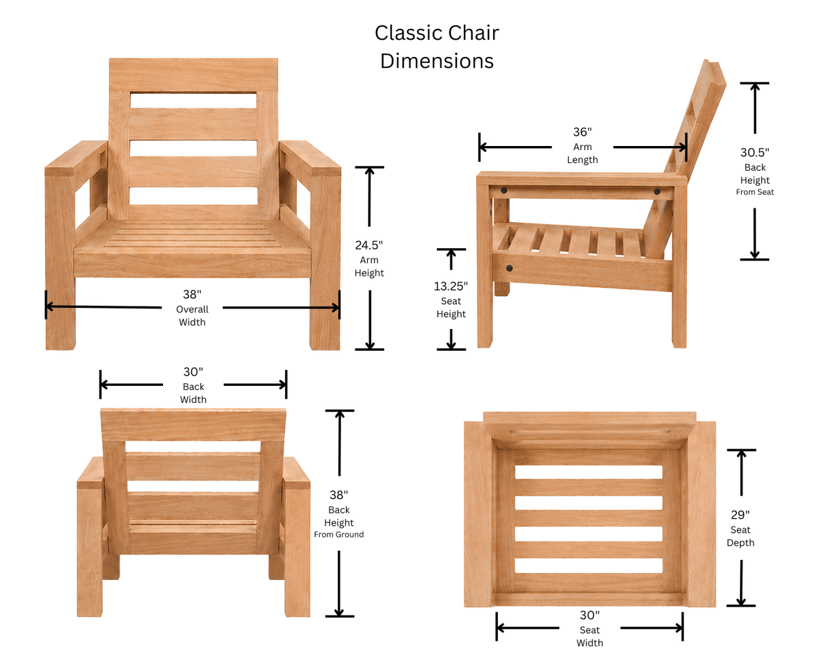 Classic Chair dimensions diagram with overall and seating measurements.