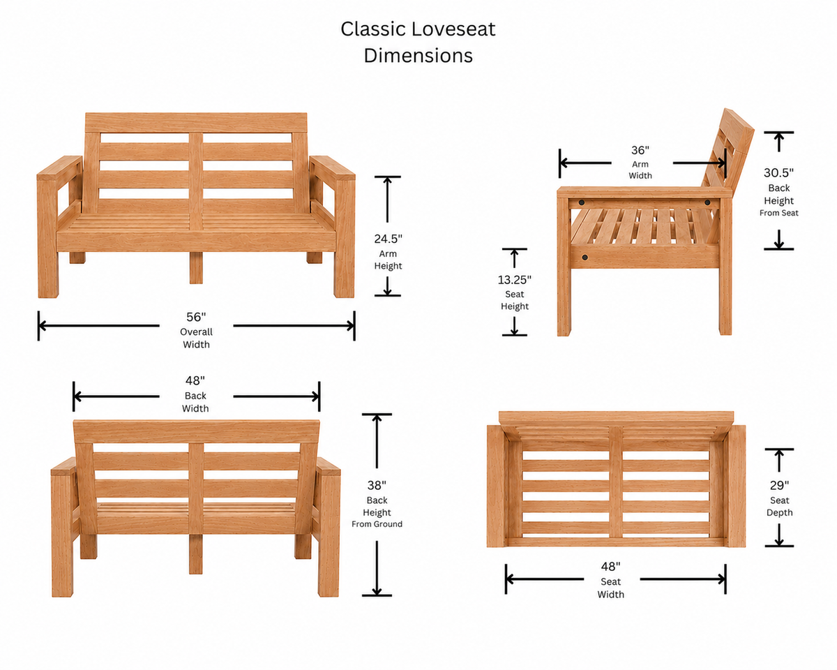 Classic Loveseat dimensions diagram with overall and seating measurements.