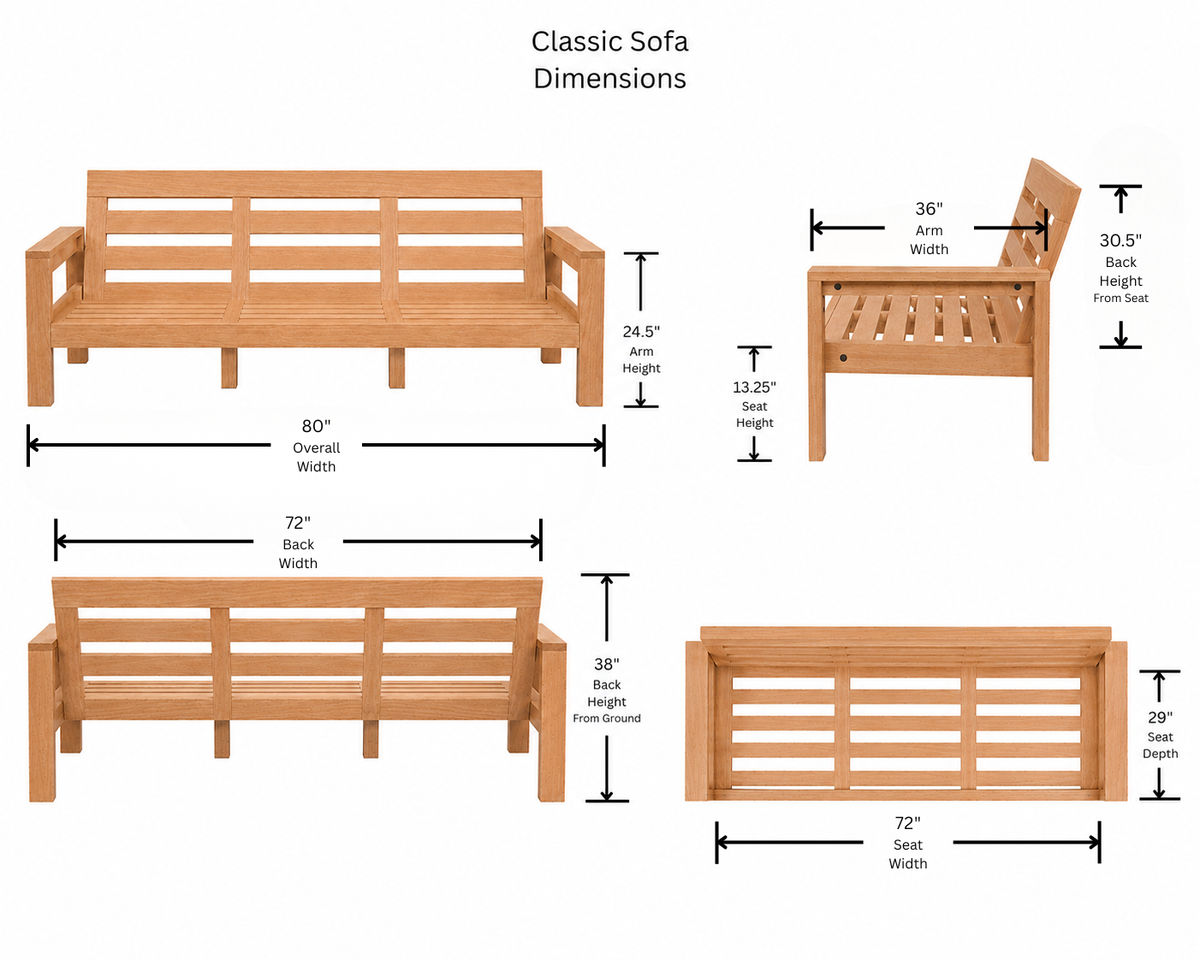 Classic Sofa dimensions diagram with overall and seating measurements.
