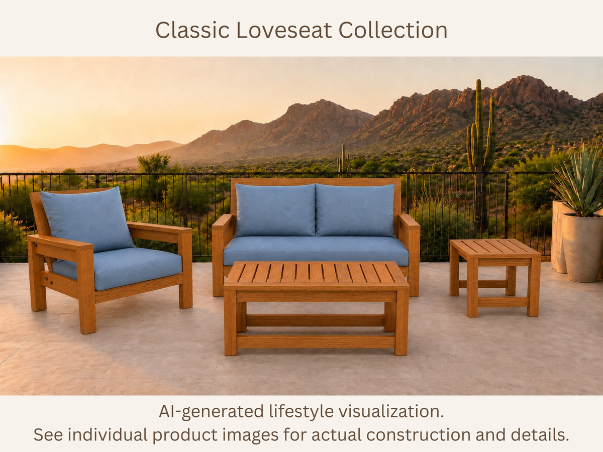 Classic Loveseat Collection with blue cushions, a chair, 36-inch coffee table and end table on a desert patio.