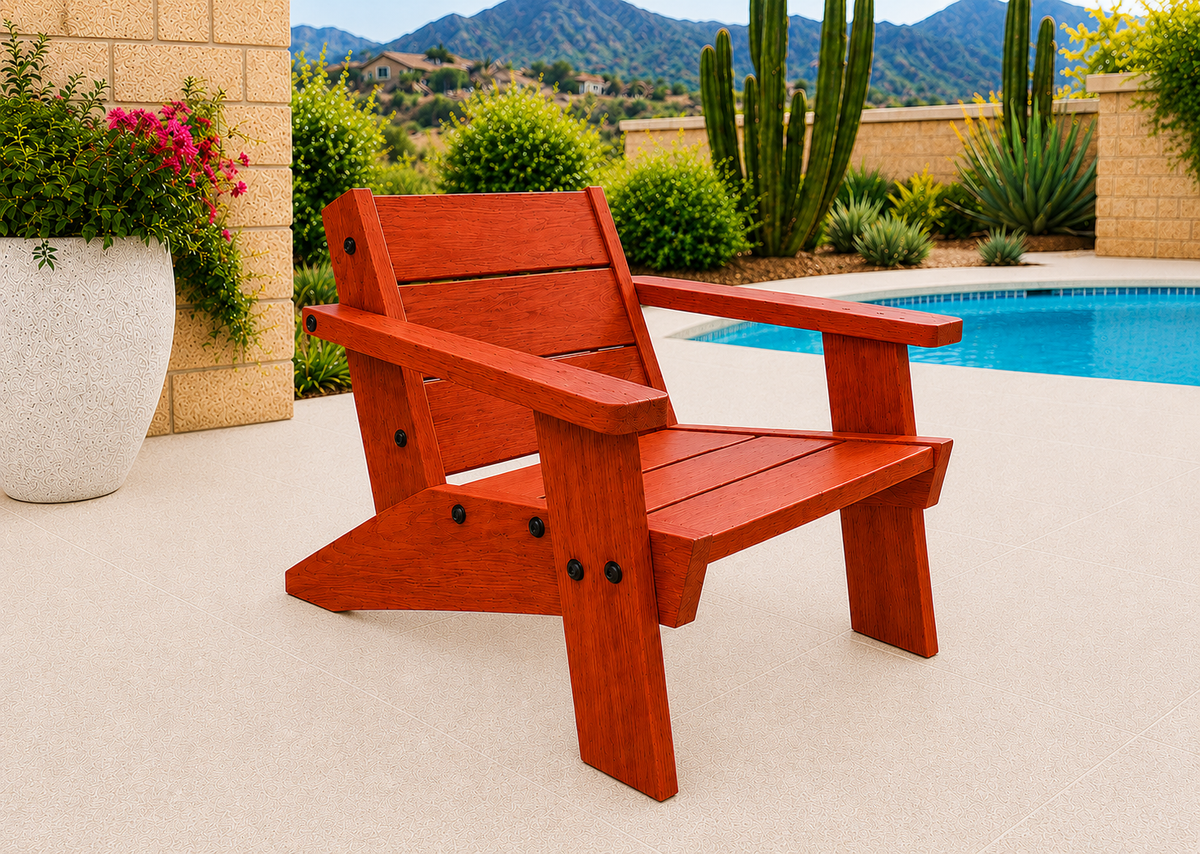 Low Boy Adirondack Chair in African Padauk with Satin Clear finish and black hardware