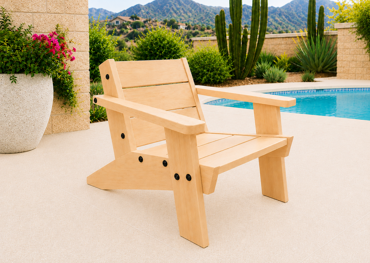 Low Boy Adirondack Chair in Hard White Maple with Ultra Light Honey finish and black hardware