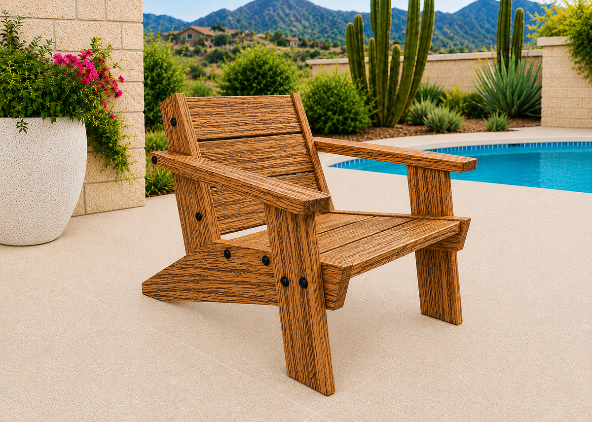 Low Boy Adirondack Chair in Zebrawood with Satin Clear finish and black hardware