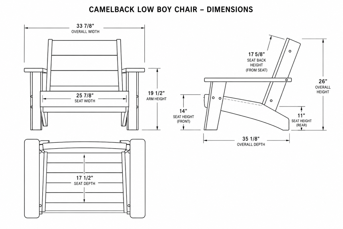 Low Boy Adirondack Chair dimensions diagram with overall and seating measurements