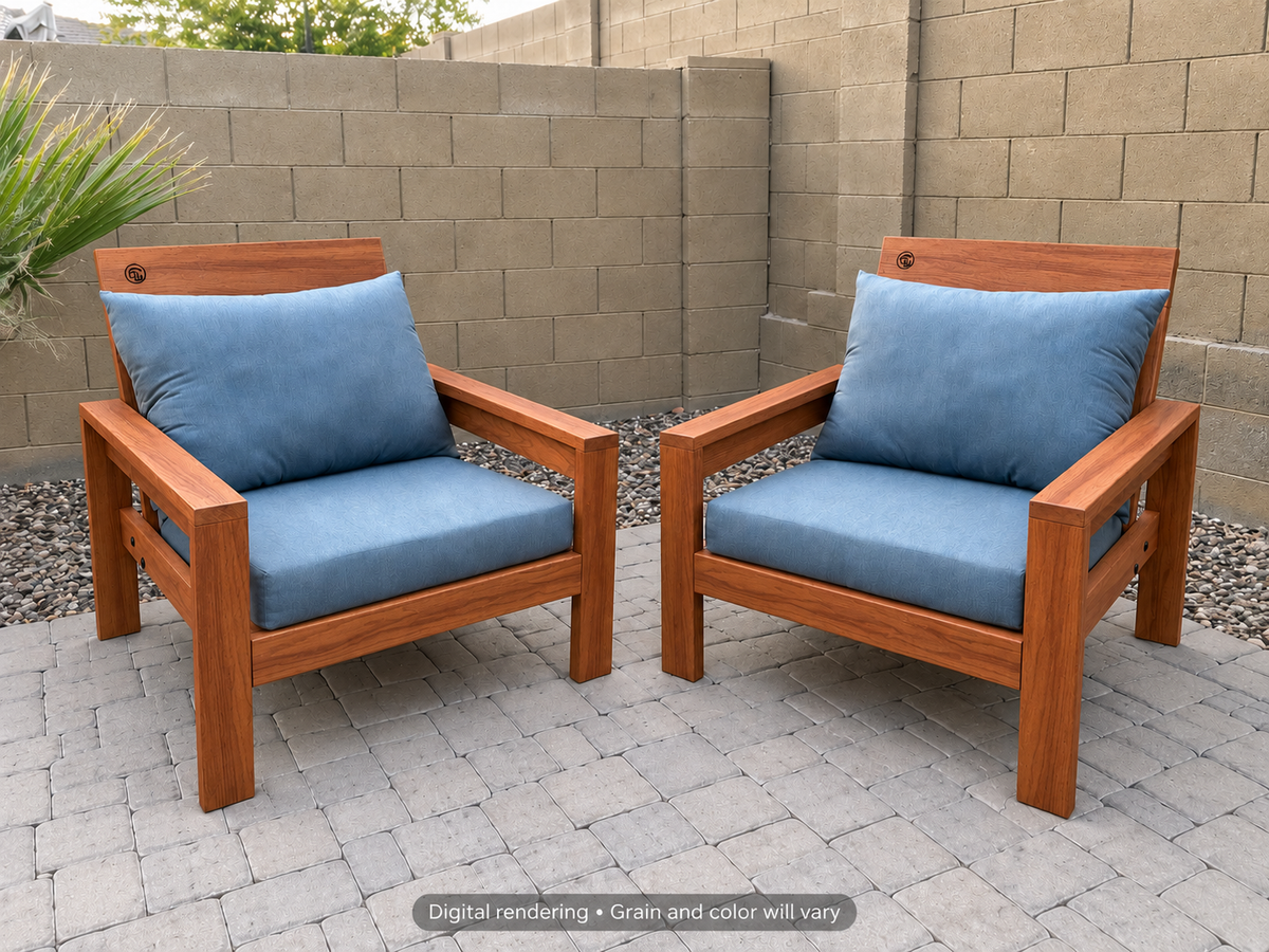 Digital rendering: Classic Chair Pair in African Mahogany / light honey. Actual grain and color will vary. Blue cushions sold separately.