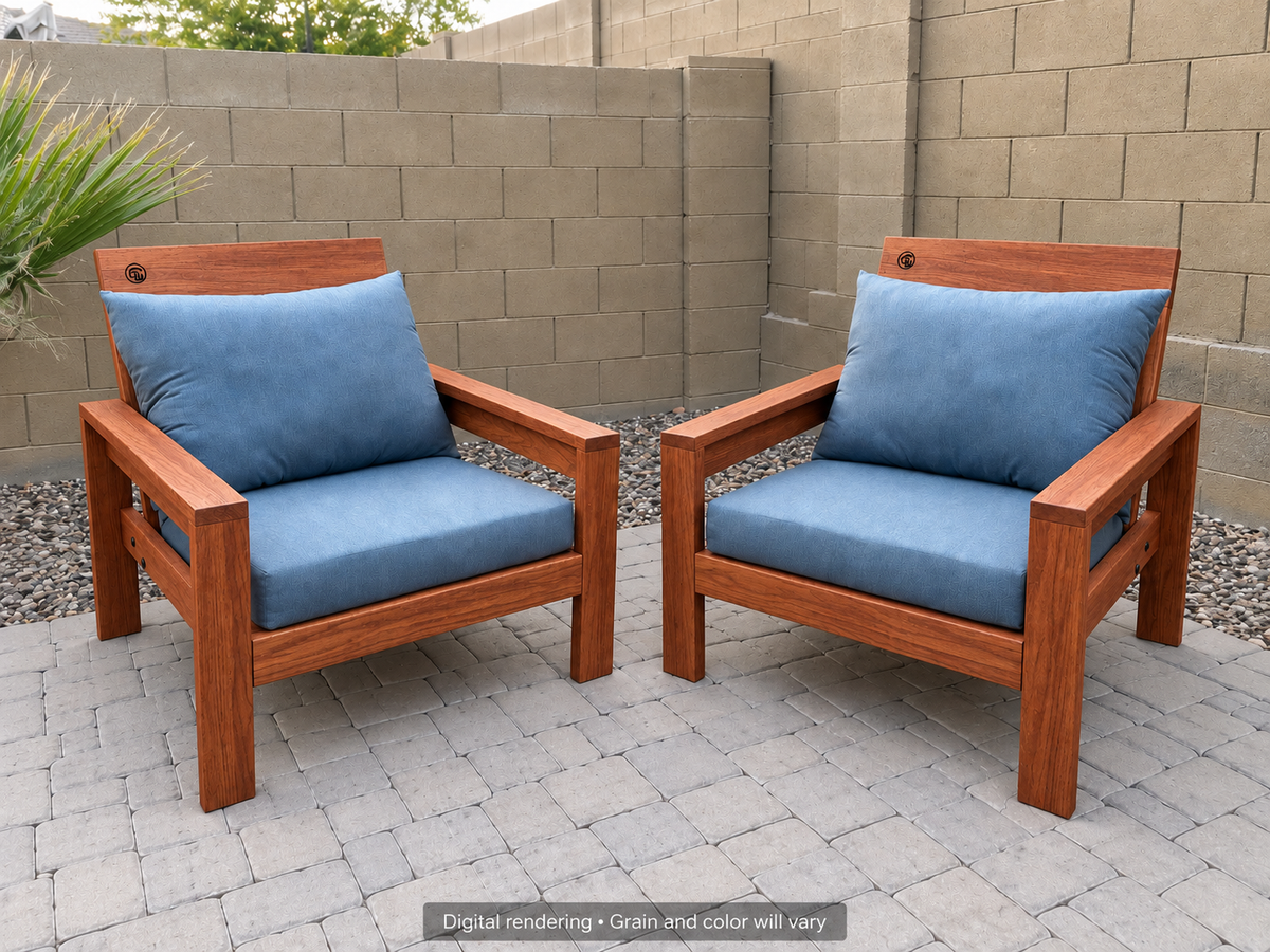 Digital rendering: Classic Chair Pair in African Mahogany / natural satin. Actual grain and color will vary. Blue cushions sold separately.
