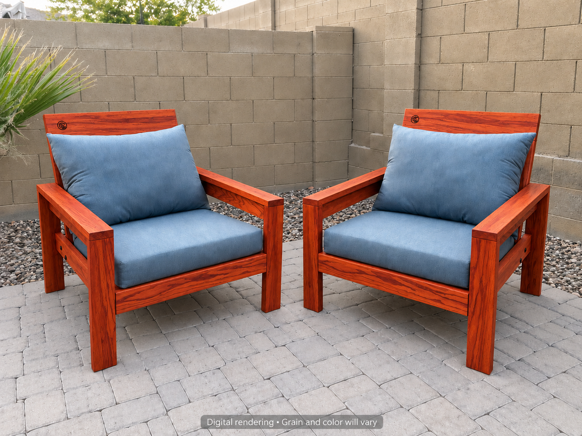 Digital rendering: Classic Chair Pair in African Padauk / satin clear. Actual grain and color will vary. Blue cushions sold separately.