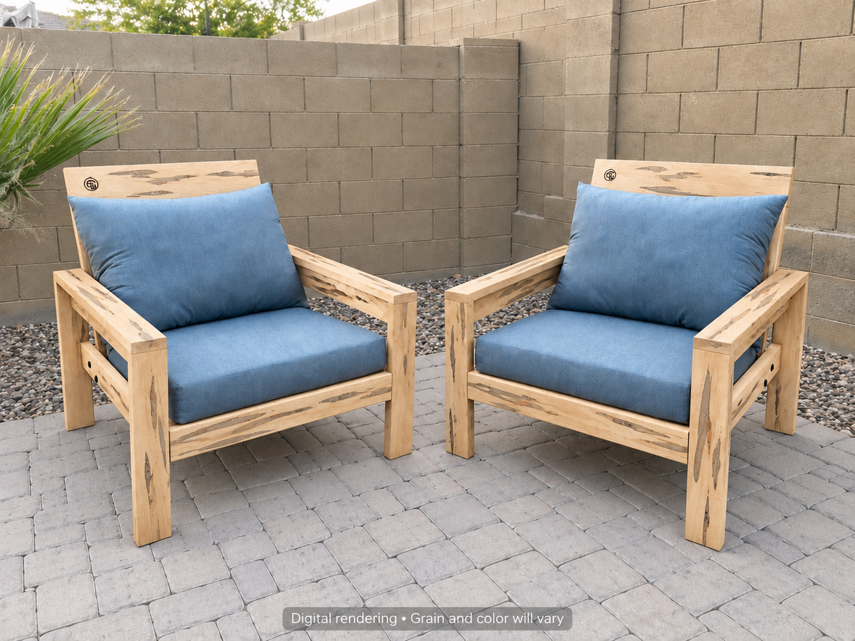 Digital rendering: Classic Chair Pair in Ambrosia Maple / matte clear. Actual grain and color will vary. Blue cushions sold separately.