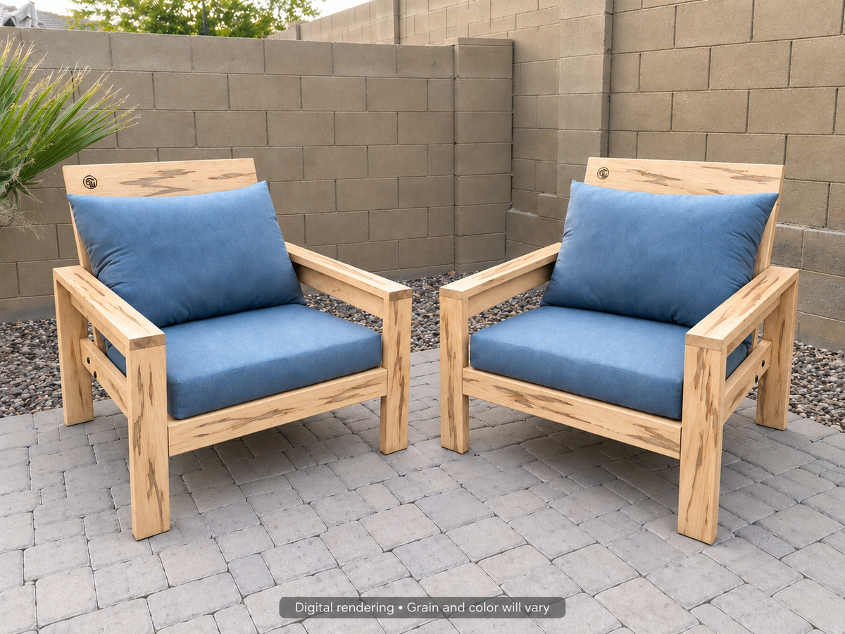 Digital rendering: Classic Chair Pair in Ambrosia Maple / natural satin. Actual grain and color will vary. Blue cushions sold separately.