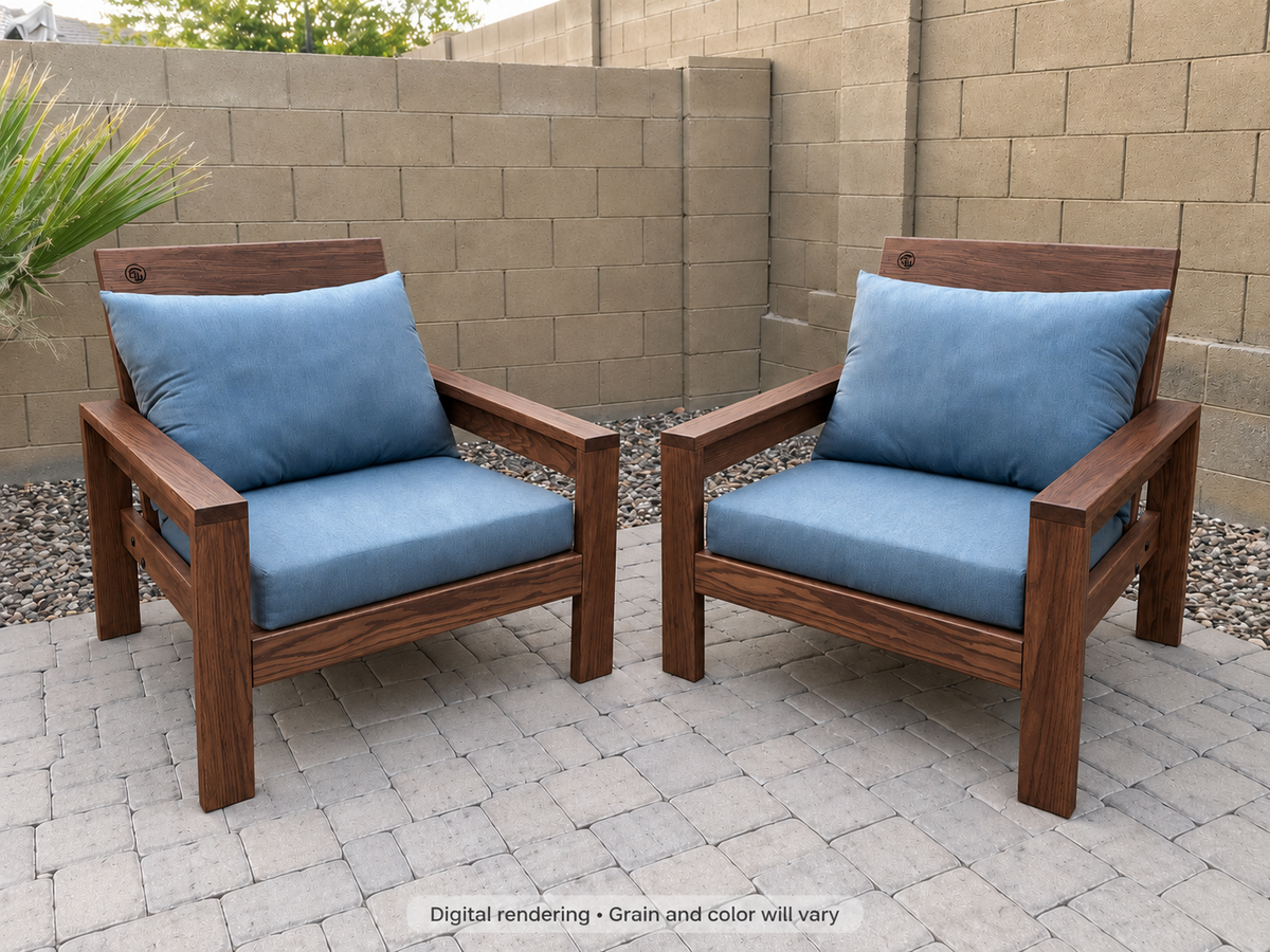 Digital rendering: Classic Chair Pair in Black Walnut / natural satin. Actual grain and color will vary. Blue cushions sold separately.