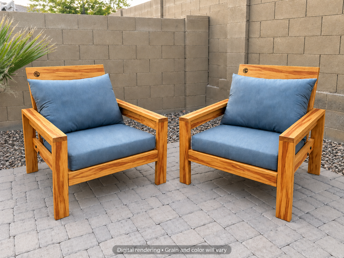 Digital rendering: Classic Chair Pair in Canarywood / natural satin. Actual grain and color will vary. Blue cushions sold separately.