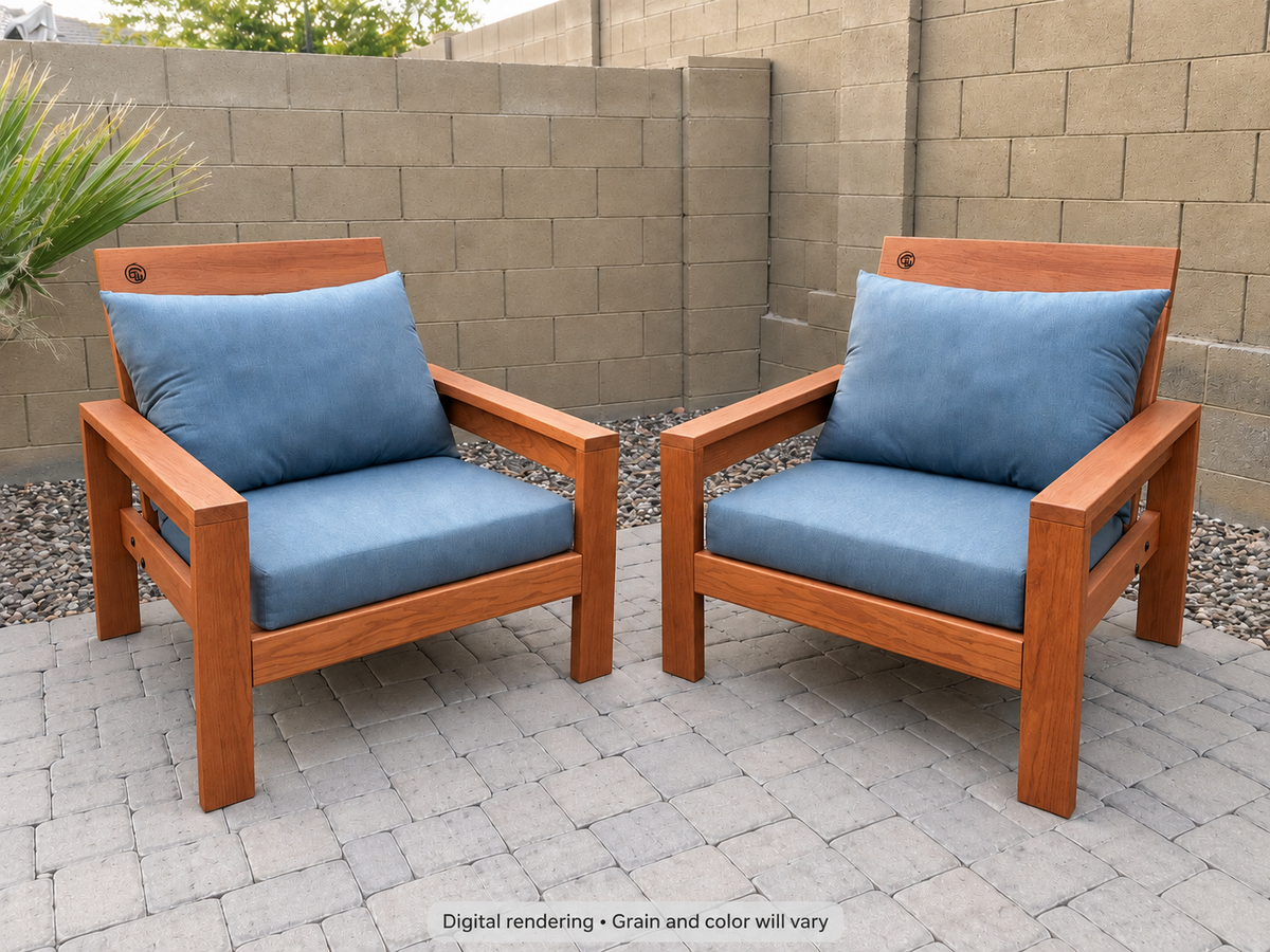 Digital rendering: Classic Chair Pair in Cherry / natural satin. Actual grain and color will vary. Blue cushions sold separately.