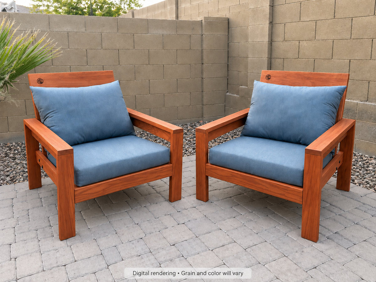 Digital rendering: Classic Chair Pair in Cherry / satin oil. Actual grain and color will vary. Blue cushions sold separately.
