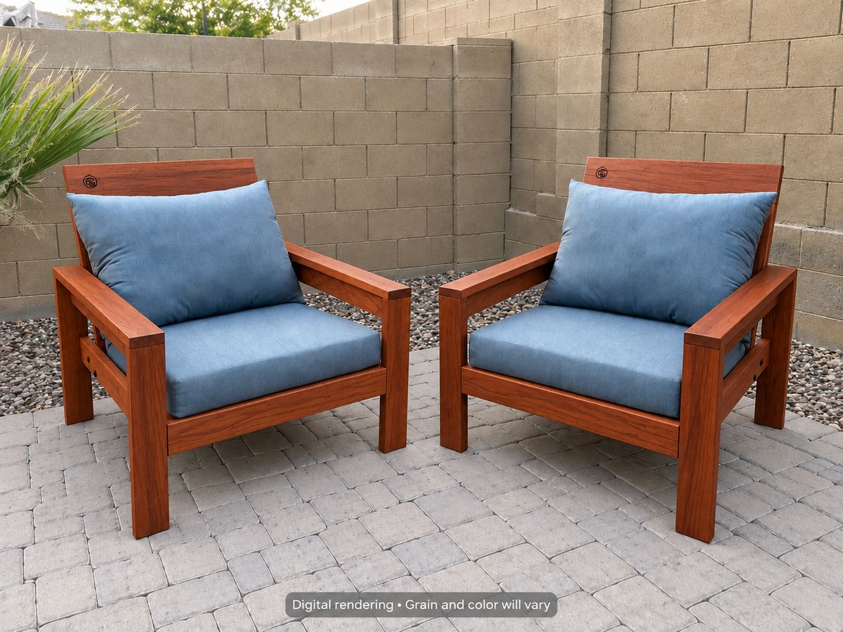 Digital rendering: Classic Chair Pair in Genuine Mahogany / satin oil. Actual grain and color will vary. Blue cushions sold separately.